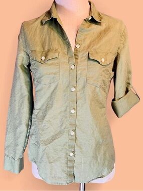 Banana Republic Linen & Cotton Olive Green Button Up Shirt Blouse
